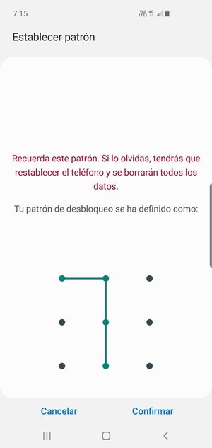 Dibuje de nuevo el patrón de desbloqueo y seleccione Confirmar