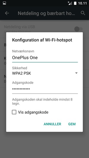 Indtast en Wi-Fi-hotspot adgangskode på minimum 8 tegn og vælg GEM