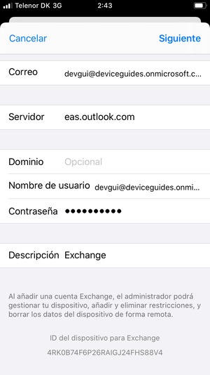 Introduzca su Información de correo electrónico Exchange y seleccione Siguiente