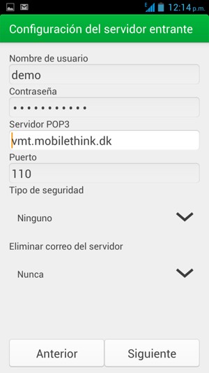 Entrar Nombre de usuario y la dirección de servidor entrante. Seleccione Siguiente