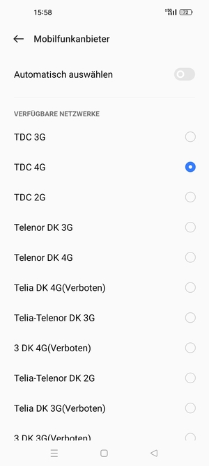 Wählen Sie einen Netzbetreiber von der Liste