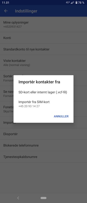 Vælg Importér fra SIM-kort