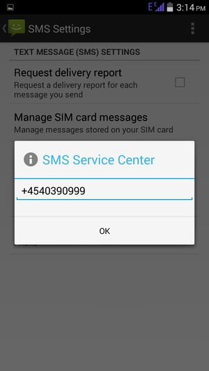 Enter the SMS Service Center number and select OK