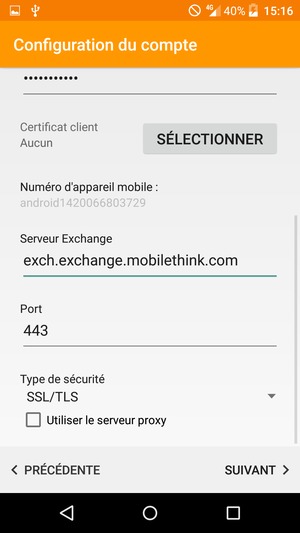 Faites défiler vers le bas et saisissez l'adresse du serveur Serveur Exchange. Sélectionnez   SUIVANT
