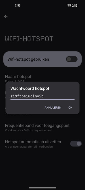 Voer een wachtwoord van een WiFi-hotspot in van ten minste 8 tekens en selecteer OK