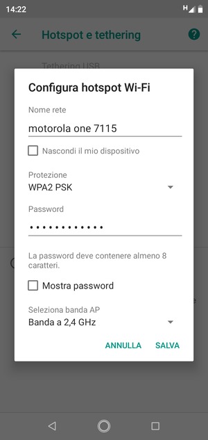 Inserisci una password dell'hotspot Wi-Fi di almeno 8 caratteri e seleziona SALVA