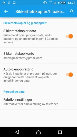 Slå på Sikkerhetskopier data og velg Sikkerhetskopikonto