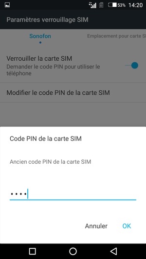Saisissez votre Ancien code PIN de la carte SIM et sélectionnez OK