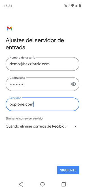 Introduzca Nombre de usuario y la dirección de servidor entrante. Seleccione SIGUIENTE