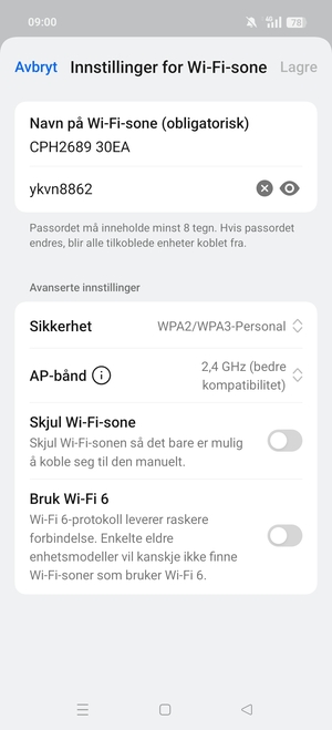 Skriv inn et Wi-Fi hotspot-passord på minst 8 tegn og velg Lagre