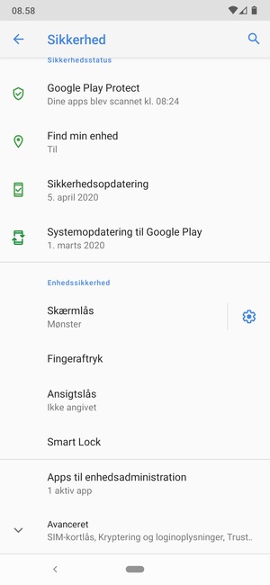For at ændre PIN-koden til sim-kortet, scroll til og vælg Avanceret