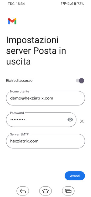 Inserisci l'indirizzo del server di posta in uscita e seleziona Avanti