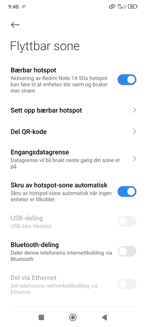 Telefonen din er konfigurert for bruk som et modem