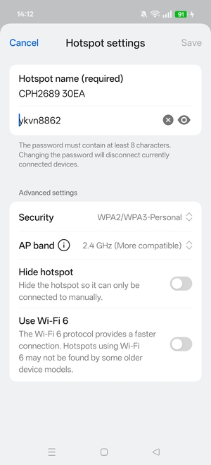 Enter a Wi-Fi hotspot password of at least 8 characters and select Save