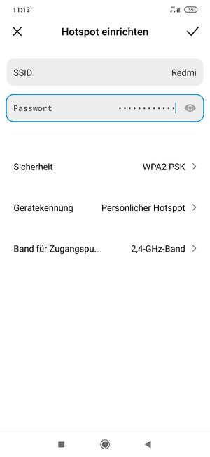 Geben Sie eine WLAN-Hotspot-Passwort mit mindestens 8 Zeichen ein und wählen Sie SPAREN