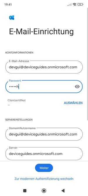 Geben Sie Benutzername und Exchange Server-Adresse ein. Wählen Sie Weiter