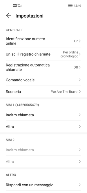 Scorri fino a SIM 1 o SIM 2 e seleziona Altro