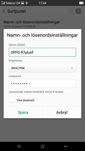 Ange ett lösenord för Wi-Fi-hotspoten, bestående av minst 8 tecken och välj Spara