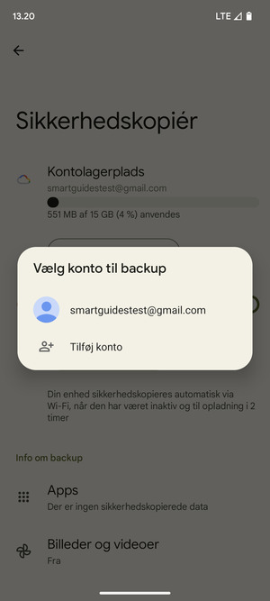 Vælg din sikkerhedskopi-konto