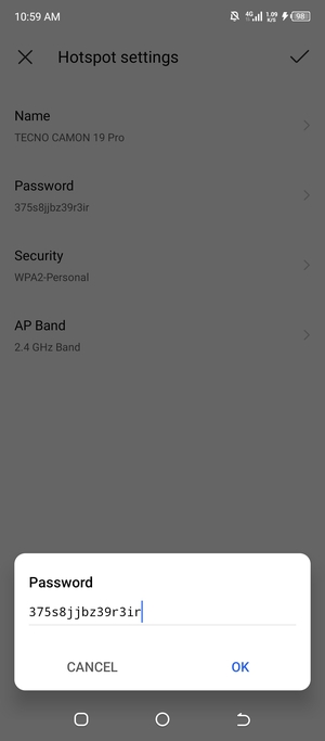 Enter a Wi-Fi hotspot password of at least 8 characters and select OK