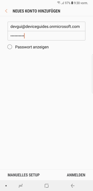 Geben Sie Ihre E-Mail-Adresse und Ihr Passwort ein. Wählen Sie MANUELLES SETUP