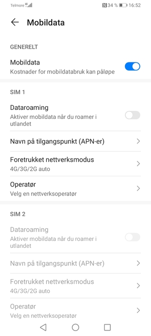 Bla til SIM 1 eller SIM 2 og velg Navn på tilgangspunkt (APN-er)