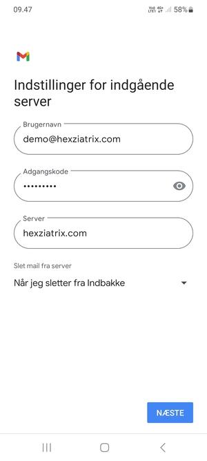 Indtast Brugernavn og indgående serveradresse. Vælg NÆSTE