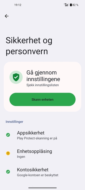 For å aktivere skjermlåsen, gå  til Sikkerhet og personvern-menyen og velg Enhetsopplåsing