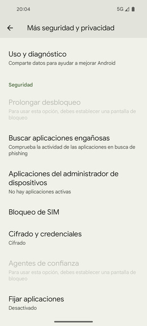 Desplácese y seleccione Bloqueo de SIM