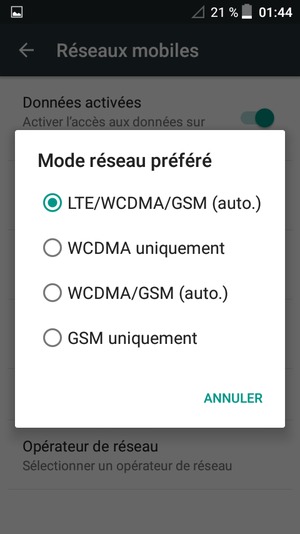 Sélectionnez 2G uniquement / GSM uniquement pour activer la 2G