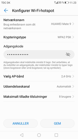 Indtast en Wi-Fi-hotspot adgangskode på minimum 8 tegn og vælg GEM