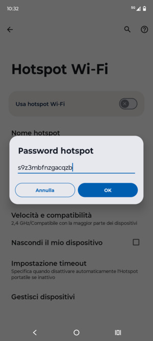 Inserisci una password dell'hotspot Wi-Fi di almeno 8 caratteri e seleziona OK