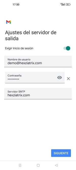 Introduzca la dirección de servidor saliente y seleccione SIGUIENTE