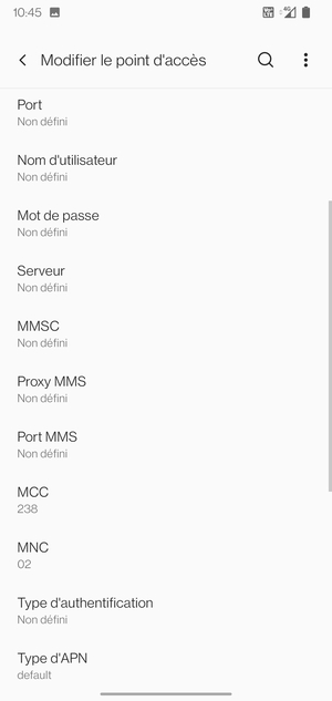 Faites défiler vers le bas et saisissez les informations Internet