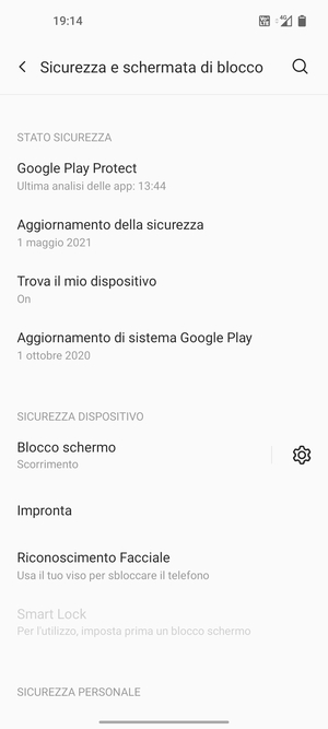 Per attivare il blocco dello schermo, vai al menu Sicurezza e schermata di blocco e seleziona Blocco schermo