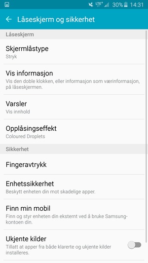 For å aktivere skjermlåsen, gå til Låseskjerm og sikkerhet-menyen og velg Skjermlåstype