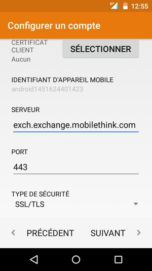 Faites défiler vers le bas et saisissez l'adresse du serveur Exchange. Sélectionnez SUIVANT
