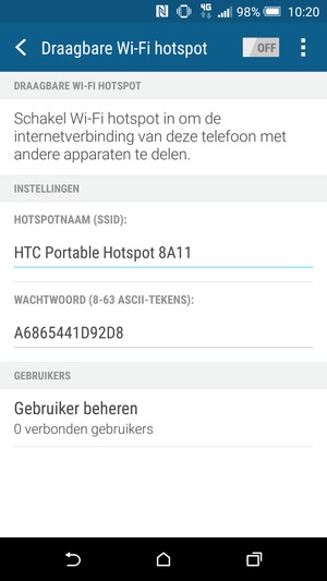 Voer een wachtwoord van ten minste 8 tekens in en schakel Draagbare Wi-Fi hotspot in