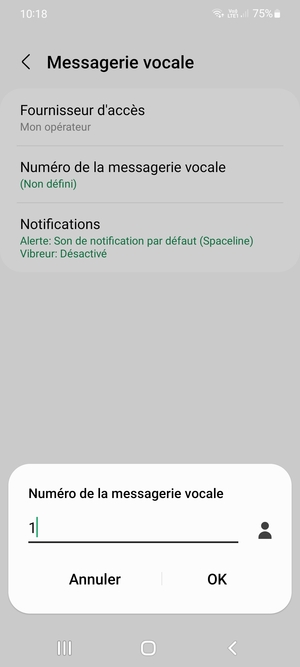 Saisissez le Numéro de la messagerie vocale et sélectionnez OK