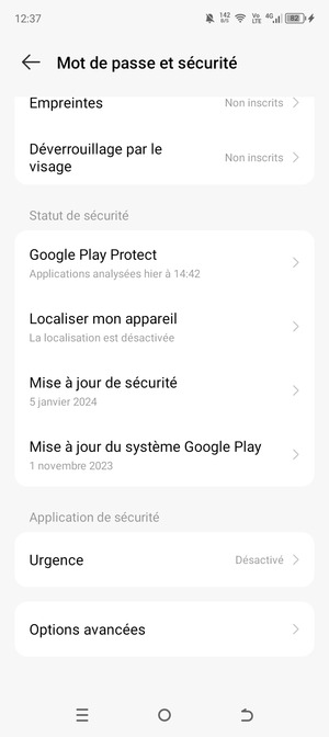 Pour modifier le code PIN de la carte SIM, allez dans le menu Mot de passe et sécurité et sélectionnez Options avancées