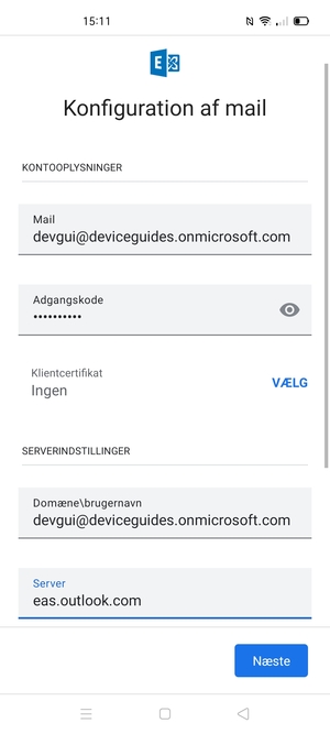 Indtast Brugernavn og Exchange serveradresse. Vælg Næste