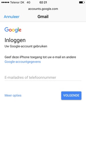 Voer uw Gmail  adres in en selecteer VOLGENDE