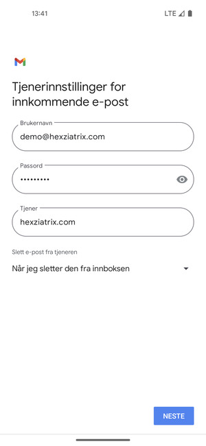 Skriv inn Brukernavn og innkommende serveradresse. Velg NESTE