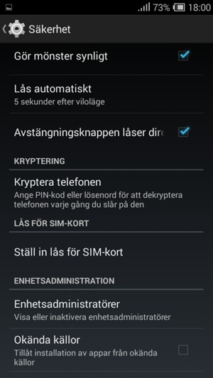 För att byta SIM-kortets PIN, återgå till Säkerhet-menyn och välj Ställ in lås för SIM-kort