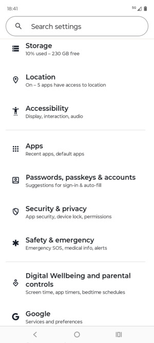 Scroll to and select Passwords, passkeys & accounts