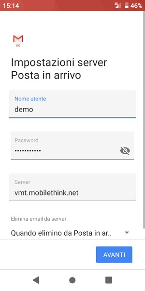 Inserisci Nome utente e l'indirizzo del server arrivo. Seleziona AVANTI