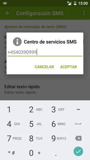 Introduzca el número de Centro de servicios SMS y seleccione ACEPTAR