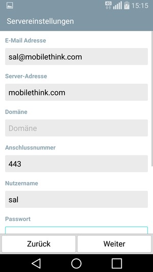 Geben Sie Exchange Server-Adresse und Nutzername ein. Wählen Sie Weiter