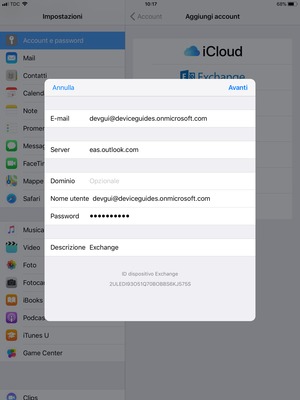 Inserisci informazioni email di Exchange e seleziona Avanti