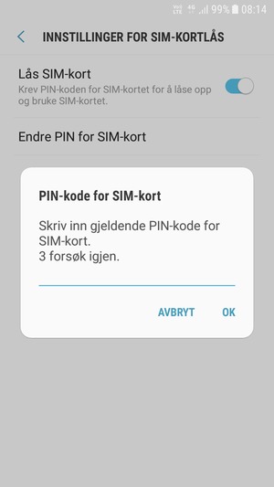 Skriv inn Gjeldende PIN-kode for SIM-kort og velg OK